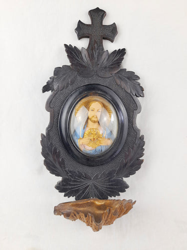 SOLD Antique Holy Water Font, Rare Example, French, Sacred Heart of Jesus Centre on Carved Ebony, Napoleon III Circa 1860