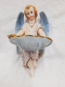 SOLD Holy Water Font, Very Rare Bisque Angel Holy Water Font By Mauger & Fils, Stamped and Numbered, Circa 1880