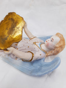 SOLD Holy Water Font, Very Rare Bisque Angel Holy Water Font By Mauger & Fils, Stamped and Numbered, Circa 1880