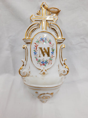 SOLD Holy Water Font, Beautiful Antique Porcelain Of Paris, Late 19th Century, Perfect Condition, Marian Symbol With Painted Flowers, 24 cm