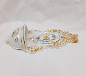 SOLD Holy Water Font, Beautiful Antique Porcelain Of Paris, Late 19th Century, Perfect Condition, Marian Symbol With Painted Flowers, 24 cm