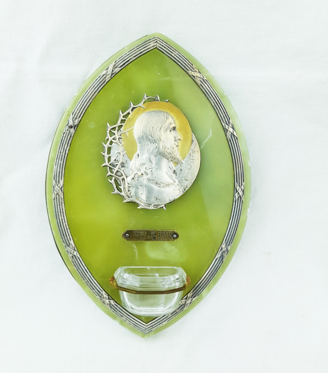 SOLD Stunning Holy Water Font, Silver With Gold Wash Plaque, Silver Surround Set Onto Green Onyx By Louis Octave Mattei, Crystal Font c 1895