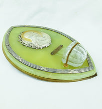 Load image into Gallery viewer, SOLD Stunning Holy Water Font, Silver With Gold Wash Plaque, Silver Surround Set Onto Green Onyx By Louis Octave Mattei, Crystal Font c 1895