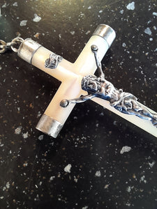 Mother of Pearl Rosary, Large Silver Capped Pendant Cross and Beads 19th Century
