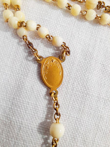 Antique Catholic Rosary, French Rosary, Hand Set Fine Bone Beads, Gold Plated Link Medal Cross and Chain, Circa 1930