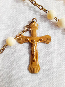Antique Catholic Rosary, French Rosary, Hand Set Fine Bone Beads, Gold Plated Link Medal Cross and Chain, Circa 1930