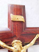 Load image into Gallery viewer, Antique Chapel Crucifix, Gilded Spelter Corpus Christi Mounted On Walnut Cross , Presentation In Commemoration 1919-1920