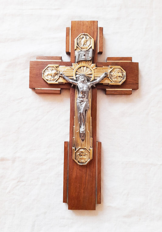 Crucifijo Art Decó de roble con incrustaciones de bronce y Cristo de peltre, 30 cm