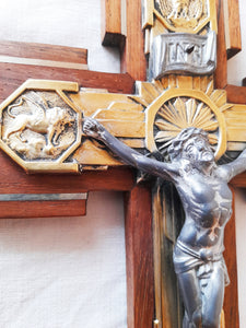 Art Deco Crucifix, Spelter Corpus Christi Mounted On Bronze With an Oak Cross Inlaid With Bronze 30 Centimetres