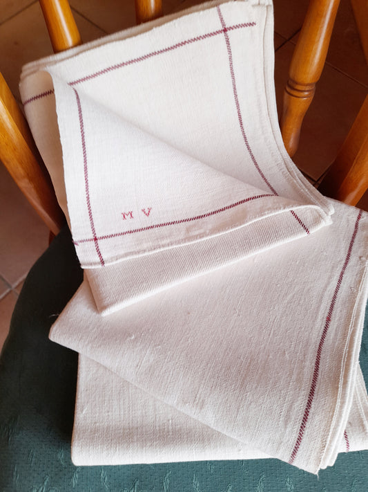 Antique French Hemp Towels, Unused, MV Monogram, c. 1920