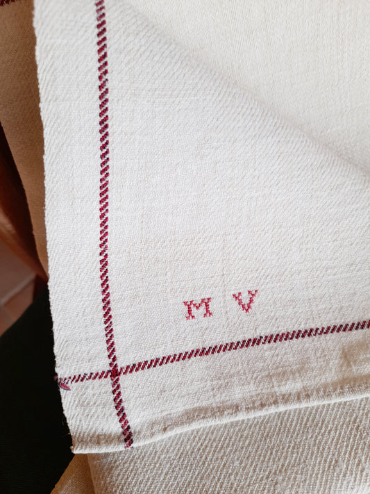 Antique French Hemp Towels, Unused, MV Monogram, c. 1920