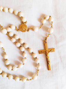 SOLD Antique Catholic Rosary, French Rosary, Hand Set Fine Bone Beads, Gold Plated Link Medal Cross and Chain, Circa 1930