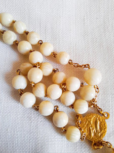 SOLD Antique Catholic Rosary, French Rosary, Hand Set Fine Bone Beads, Gold Plated Link Medal Cross and Chain, Circa 1930