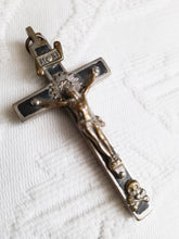 Load image into Gallery viewer, Antique Golgotha Cross, Silver Plated Bronze, Handmade With Bronze Corpus Christi, Oak Inlay, Early 19th Century, 7 cm by 4 cm