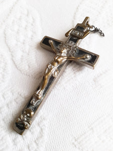 Antique Golgotha Cross, Silver Plated Bronze, Handmade With Bronze Corpus Christi, Oak Inlay, Early 19th Century, 7 cm by 4 cm