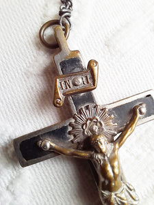 Antique Golgotha Cross, Silver Plated Bronze, Handmade With Bronze Corpus Christi, Oak Inlay, Early 19th Century, 7 cm by 4 cm