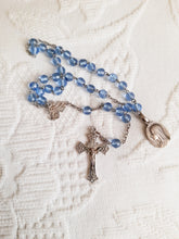 Load image into Gallery viewer, SOLD Antique Christian Rosary, French, Hand Cut Art Glass Pale Blue Beads, Silver Cross and Link Medal with Silver Lourdes Pilgrimage Medal