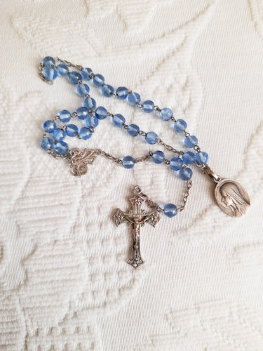 SOLD Antique Christian Rosary, French, Hand Cut Art Glass Pale Blue Beads, Silver Cross and Link Medal with Silver Lourdes Pilgrimage Medal