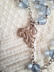 SOLD Antique Christian Rosary, French, Hand Cut Art Glass Pale Blue Beads, Silver Cross and Link Medal with Silver Lourdes Pilgrimage Medal