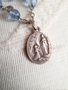 SOLD Antique Christian Rosary, French, Hand Cut Art Glass Pale Blue Beads, Silver Cross and Link Medal with Silver Lourdes Pilgrimage Medal