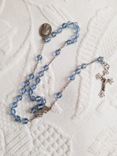 Load image into Gallery viewer, SOLD Antique Christian Rosary, French, Hand Cut Art Glass Pale Blue Beads, Silver Cross and Link Medal with Silver Lourdes Pilgrimage Medal