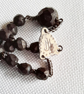 Antique Nun's Rosary, Steel Chain and Link Medal With Bronze and Ebony Cross, Hematite Beads, Early 19th Century