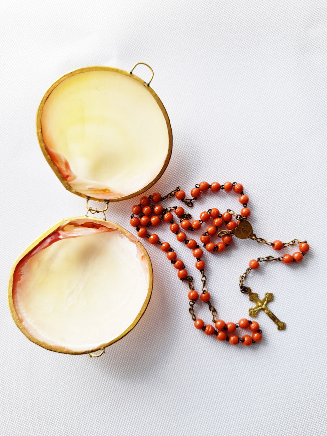 SOLD Antique Coral Rosary, French, Bronze Cross, Medal and Chain, Pale Coral Beads, 36 cm, With Mother of Pearl Case