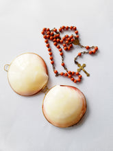 Load image into Gallery viewer, SOLD Antique Coral Rosary, French, Bronze Cross, Medal and Chain, Pale Coral Beads, 36 cm, With Mother of Pearl Case