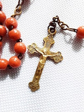 Load image into Gallery viewer, SOLD Antique Coral Rosary, French, Bronze Cross, Medal and Chain, Pale Coral Beads, 36 cm, With Mother of Pearl Case
