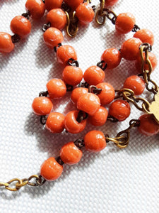 SOLD Antique Coral Rosary, French, Bronze Cross, Medal and Chain, Pale Coral Beads, 36 cm, With Mother of Pearl Case