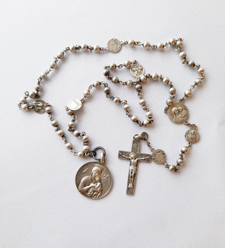 SOLD Antique Silver Rosary, With Large Silver Pilgrimage Medal, Hallmarked 925 silver, Late 19th Century, Perfect Condition