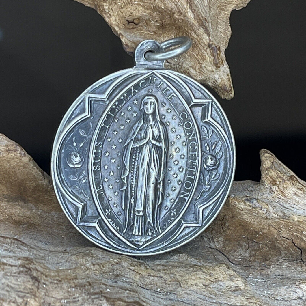 SOLD Rare Christian Medal By Adolphe Penin Of Lyon, Virgin Mary With Lourdes Grotto Scene on Reverse, Circa 1910, Excellent Condition