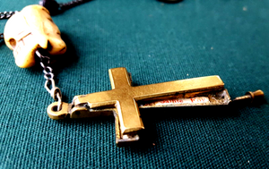 SOLD Antique Janus Head Nun's Rosary, Carved Ebony Beads, Steel Medal and Chain, Bronze Reliquary CrossVery Rare Late 17th Early 18th Century