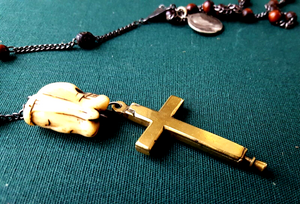 SOLD Antique Janus Head Nun's Rosary, Carved Ebony Beads, Steel Medal and Chain, Bronze Reliquary CrossVery Rare Late 17th Early 18th Century