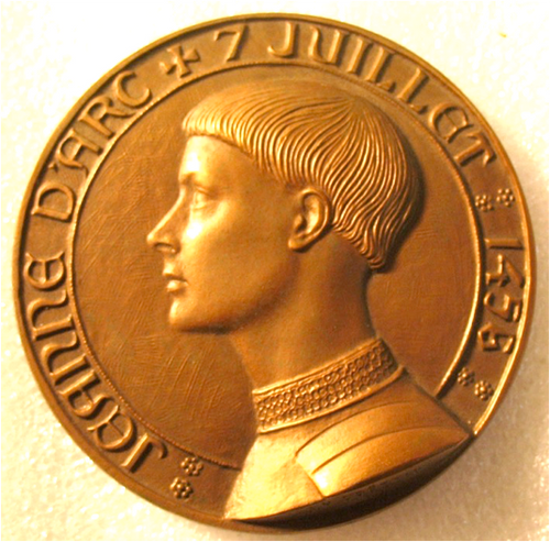 SOLD Bronze Medal of Saint Joan of Arc by Josette Hébert-Coëffin 1931 Depicting Young Joan in Armour and Cross Rising From Fire On The Reverse