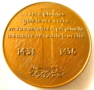 SOLD Bronze Medal of Saint Joan of Arc by Josette Hébert-Coëffin 1931 Depicting Young Joan in Armour and Cross Rising From Fire On The Reverse