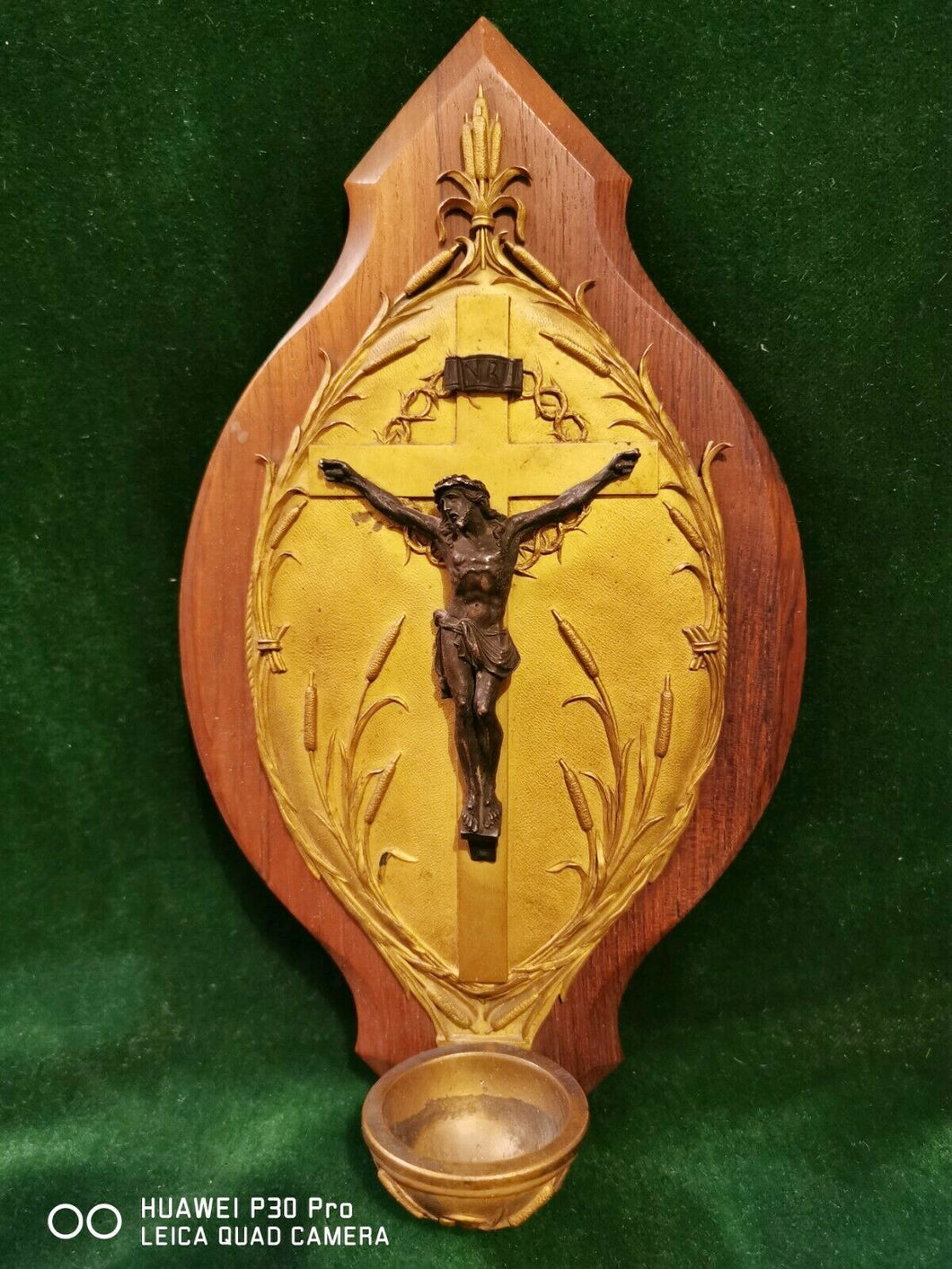 Holy Water Font, Oak Base With Gilded Bronze Plate and Bronze Corpus Christi, Presentation to Louis Tisserand 1906, 30x16 Centimetres
