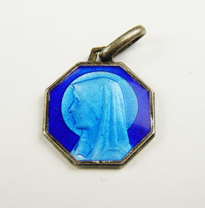 Christian Enamel Medal Of The Virgin Mary, Lourdes Souvenir, Stirling Silver Circa 1900