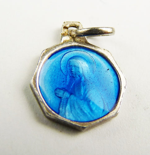 Christian Enamel Medal Of The Virgin Mary, Lourdes Souvenir, Stirling Silver Circa 1900