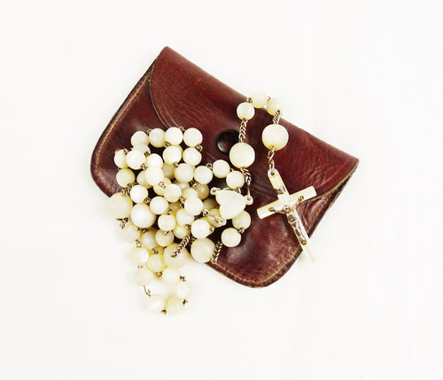 Christian Rosary, Mother Of Pearl Beads, Silver Corpus Christi, Leather Pouch circa 1870