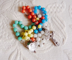 Christian Rosary, French, Multi Coloured Glass Beads 5 Decade