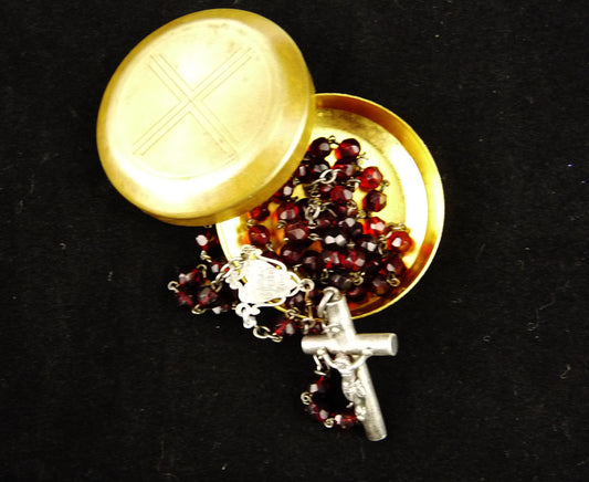 Vintage French Rosary with Hand-Cut Garnet-Coloured Glass Beads