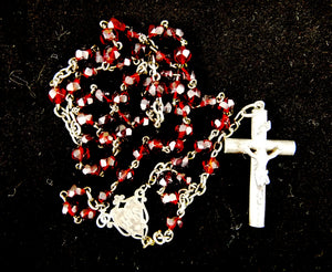 Antique Christian Rosary, French, Hand Cut Garnet Coloured Art Glass Beads,