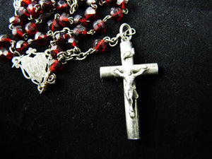 Antique Christian Rosary, French, Hand Cut Garnet Coloured Art Glass Beads,