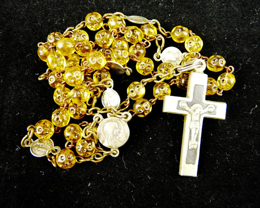 Antique French Amber Glass Rosary, Seven Silver Medals & Ebony-Inlaid Cross
