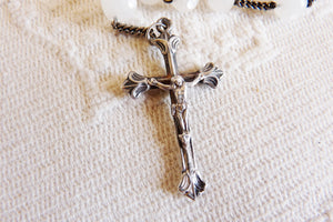 SOLD Antique Catholic Rosary, Hand Carved Anandalite Beads, Silver Chain, Puffed Link Medal and Cross With J M, Circa 1880