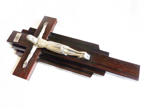 Art Deco Crucifix, France Circa 1920, Silvered Regule Corpus Christi, Straight Grained Ebony