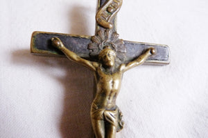 SOLD Antique Golgotha Cross Crucifix Handmade With Bronze Corpus Christi, Straight Grained Ebony Mid-Late 18th Century, 11 cm by 5.5 cm