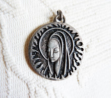Load image into Gallery viewer, SOLD Virgin Mary Antique Religious Medal Solid Silver, 3.2 Centimetres Diameter, Basque Silver, With 18&quot; 925 Silver Chain
