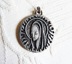 SOLD Virgin Mary Antique Religious Medal Solid Silver, 3.2 Centimetres Diameter, Basque Silver, With 18" 925 Silver Chain